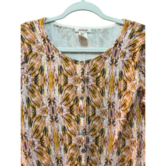 Sundance Sweater Womens Medium Pink Yellow Feather Print Button Front Cotton - Picture 3 of 5